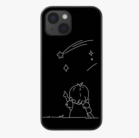 Line Art Girl With Shooting Stars Glass Case showing full back design in clean flat view with glossy glass finish.