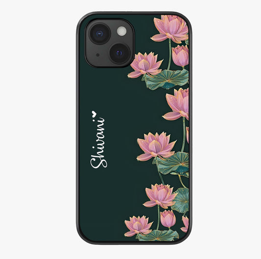 Lotus Bloom Serenity Custom Name Glass Case showing full back design in clean flat view with glossy glass finish.