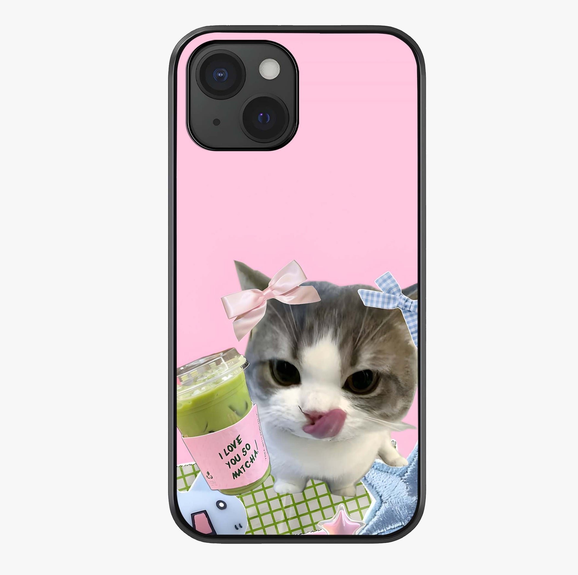 Love Matcha Cat Glass Case showing full back design in clean flat view with glossy glass finish.