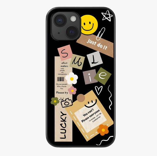 Lucky Aesthetic Collage Glass Case showing full back design in clean flat view with glossy glass finish.