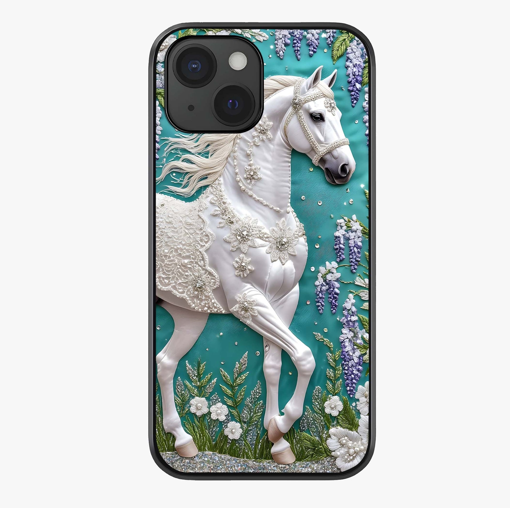 Majestic Floral Stallion Glass Case showing full back design in clean flat view with glossy glass finish.