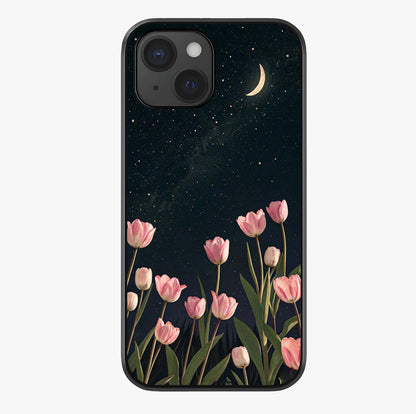 Midnight Tulip Whispers Vibe Glass Case showing full back design in clean flat view with glossy glass finish.