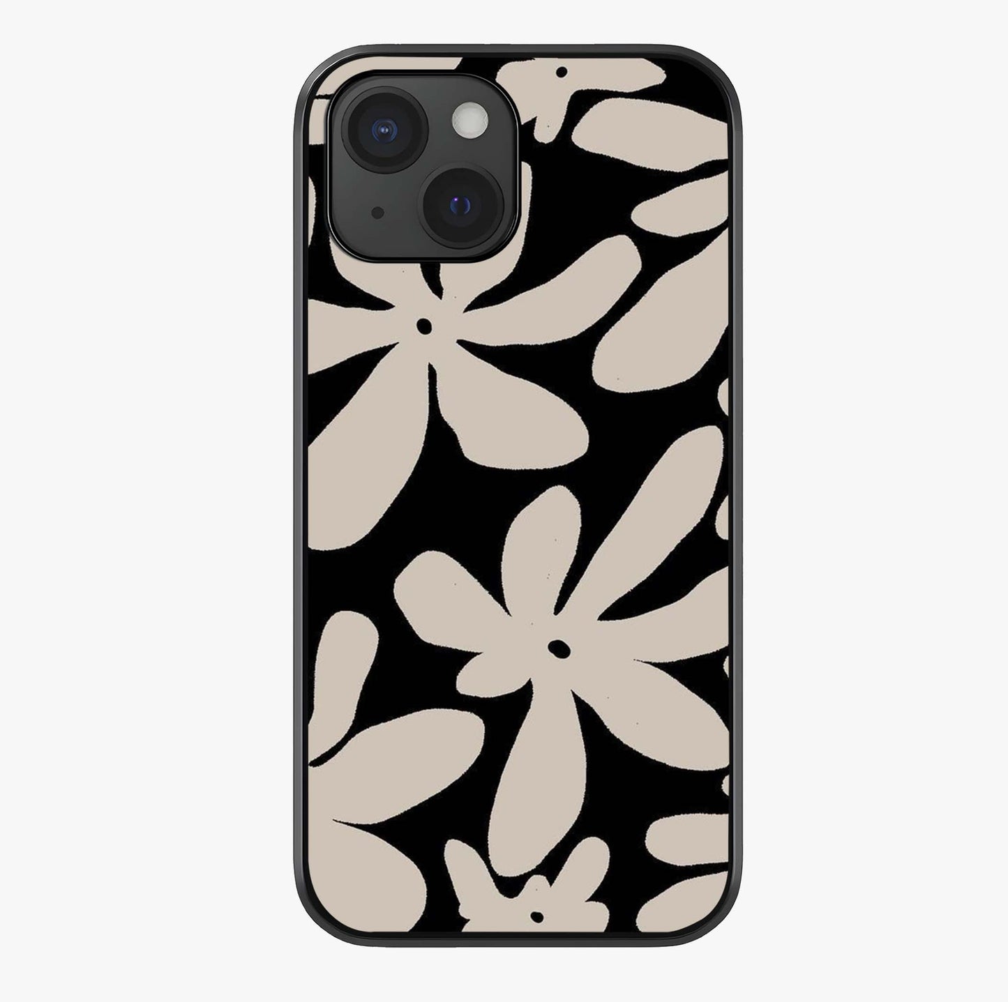 Monochrome Petal Dance Glass Case showing full back design in clean flat view with glossy glass finish.
