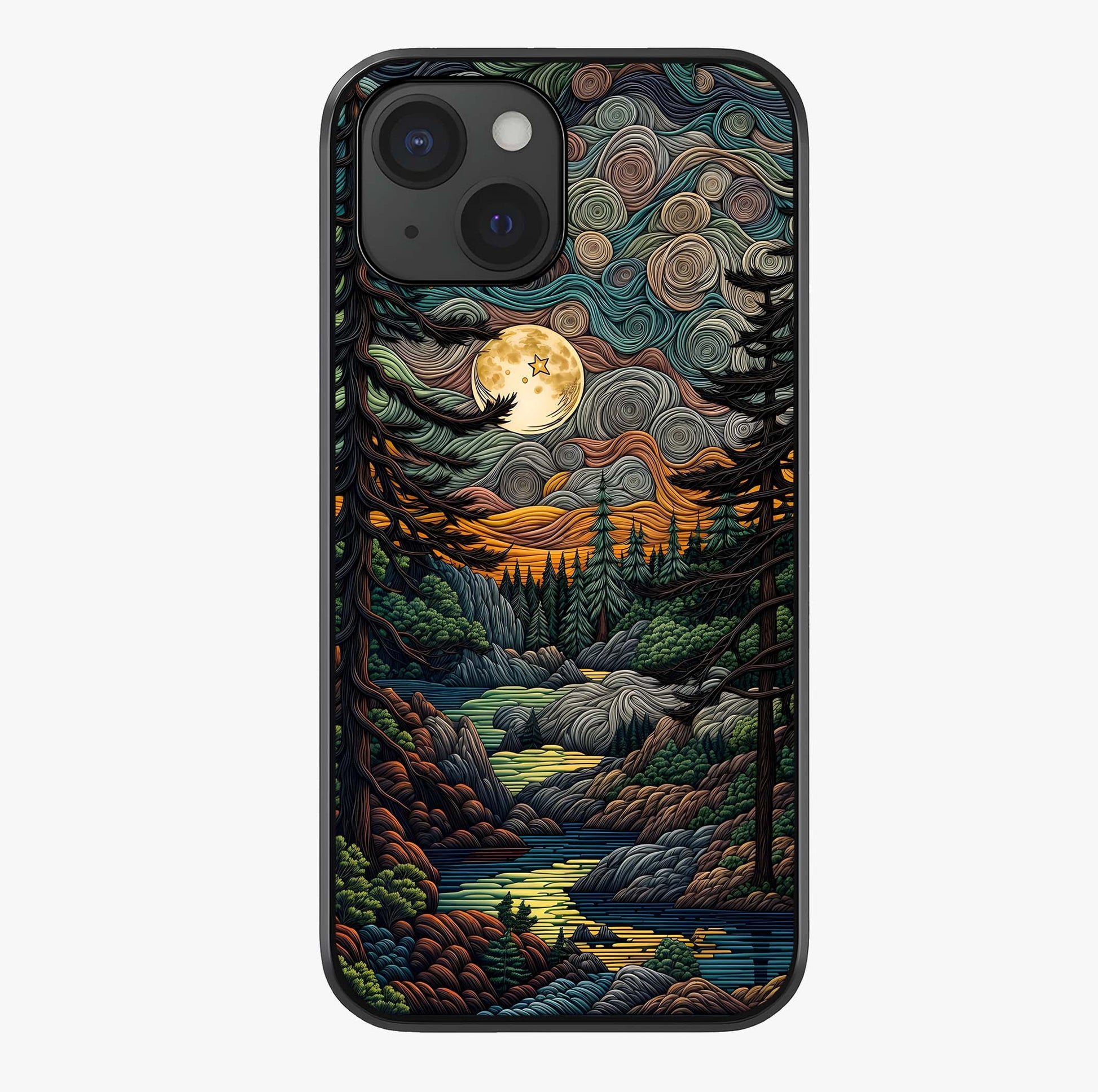 Moonlight Forest Dream Glass Case showing full back design in clean flat view with glossy glass finish.