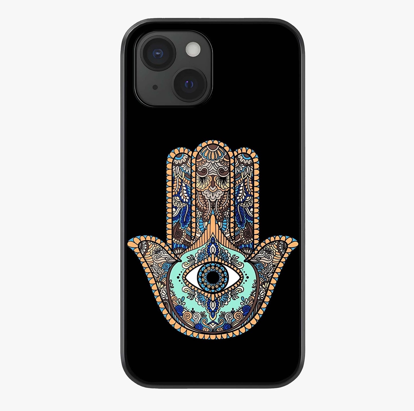 Mystic Hamsa Eye Glass Case showing full back design in clean flat view with glossy glass finish.