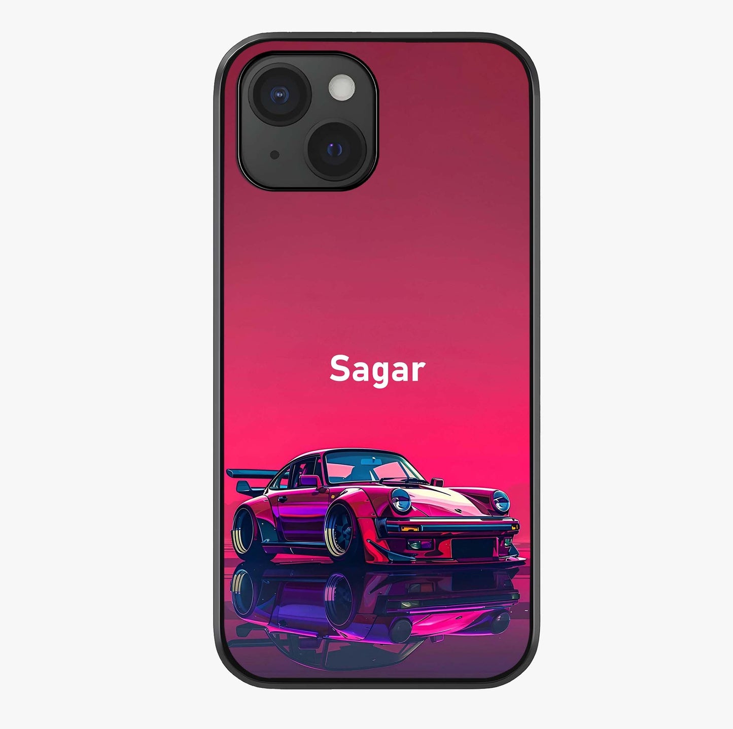 Neon Pink Porsche Glass Case showing full back design in clean flat view with glossy glass finish.