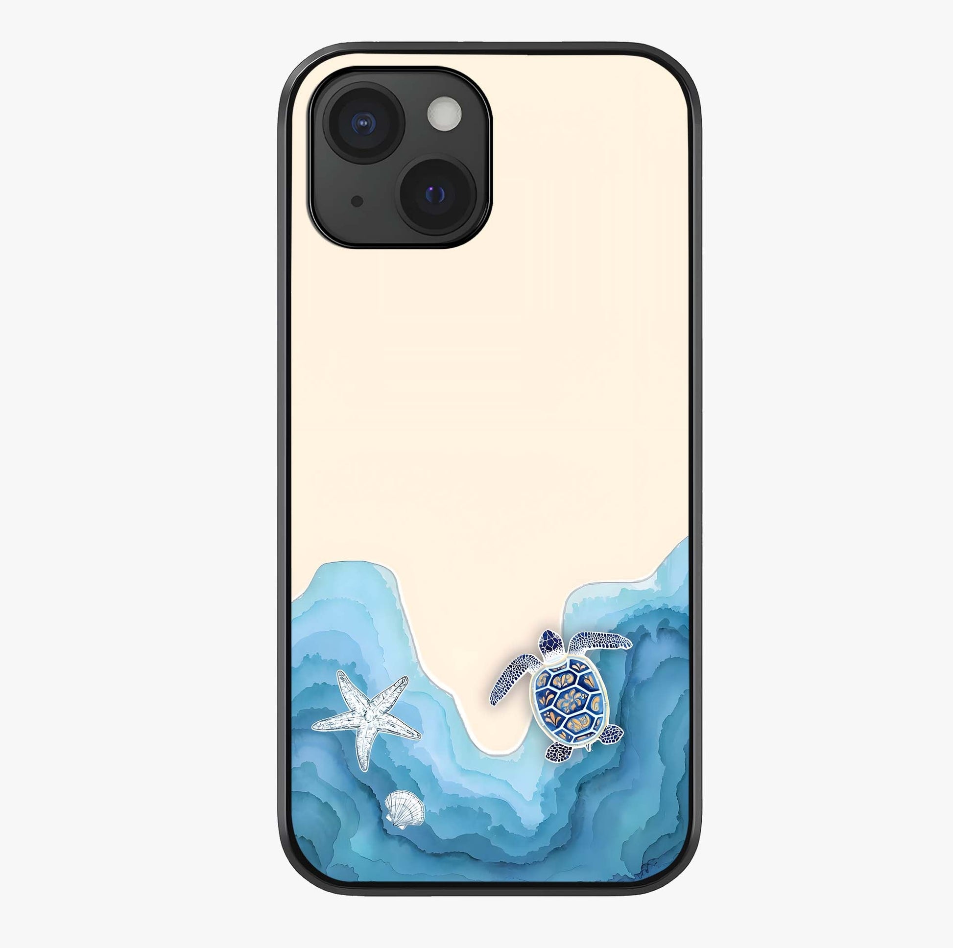 Ocean Drift Turtle Glass Case showing full back design in clean flat view with glossy glass finish.