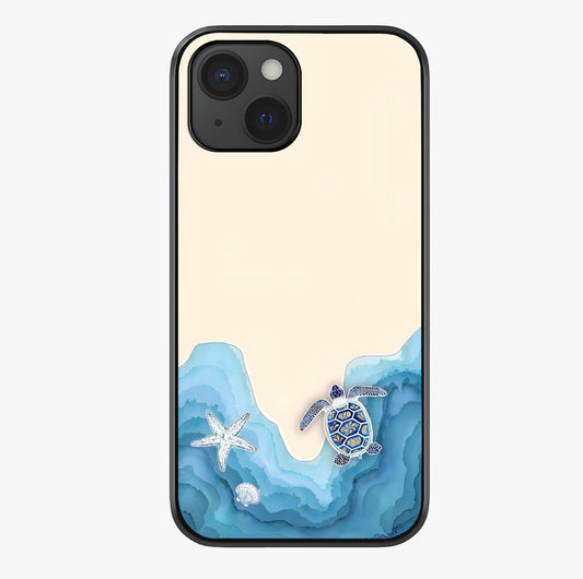 Ocean Drift Turtle Glass Case showing full back design in clean flat view with glossy glass finish.
