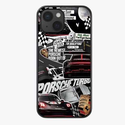 Porsche Racing Collage Glass Case showing full back design in clean flat view with glossy glass finish.