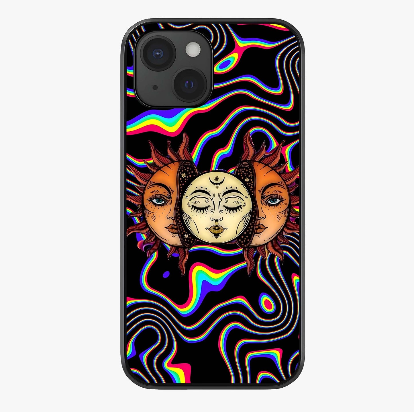 Psychedelic Sun Glass Case showing full back design in clean flat view with glossy glass finish.