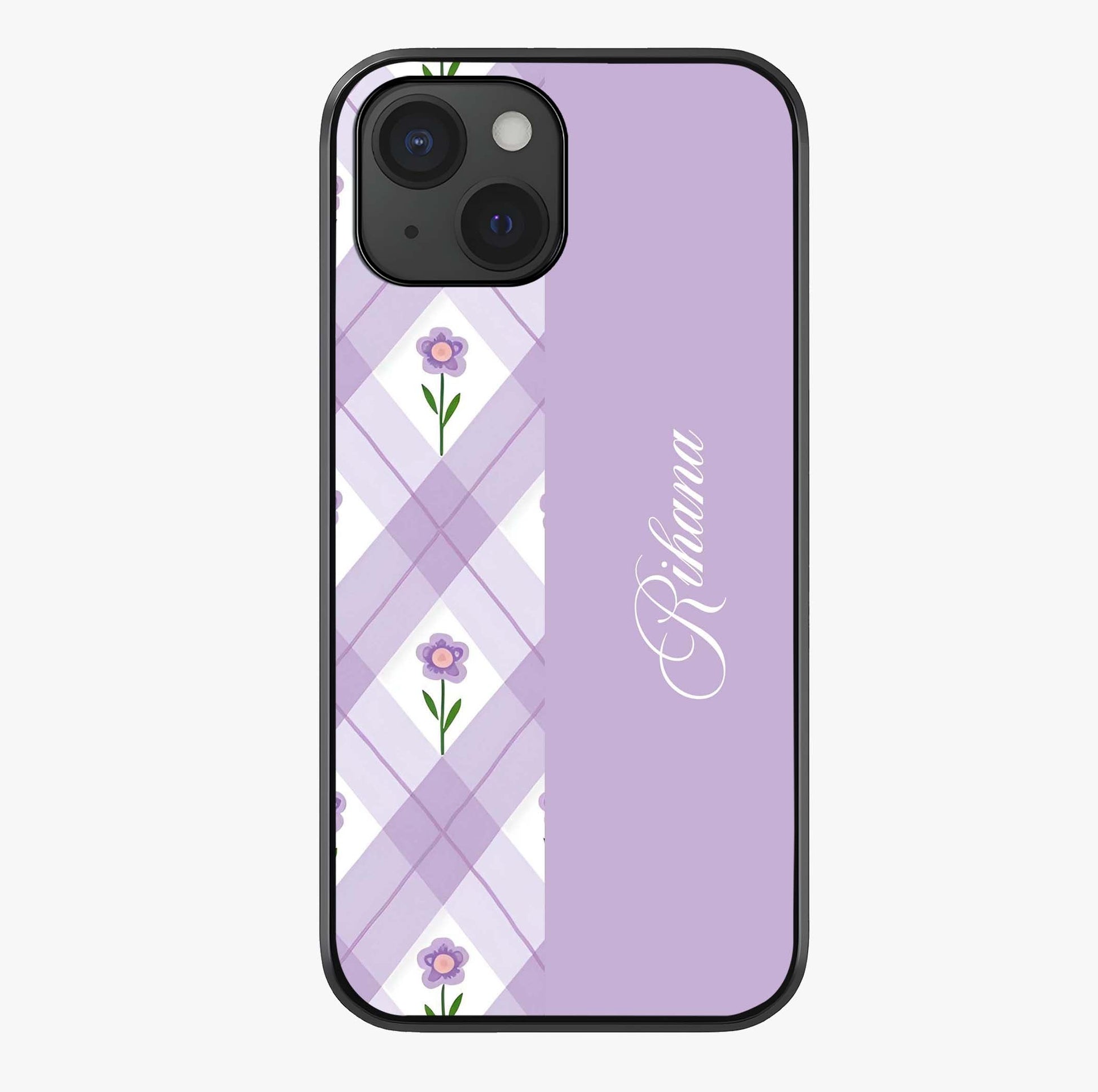Purple Diamond Floral Glass Case showing full back design in clean flat view with glossy glass finish.