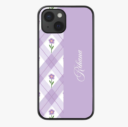 Purple Diamond Floral Glass Case showing full back design in clean flat view with glossy glass finish.