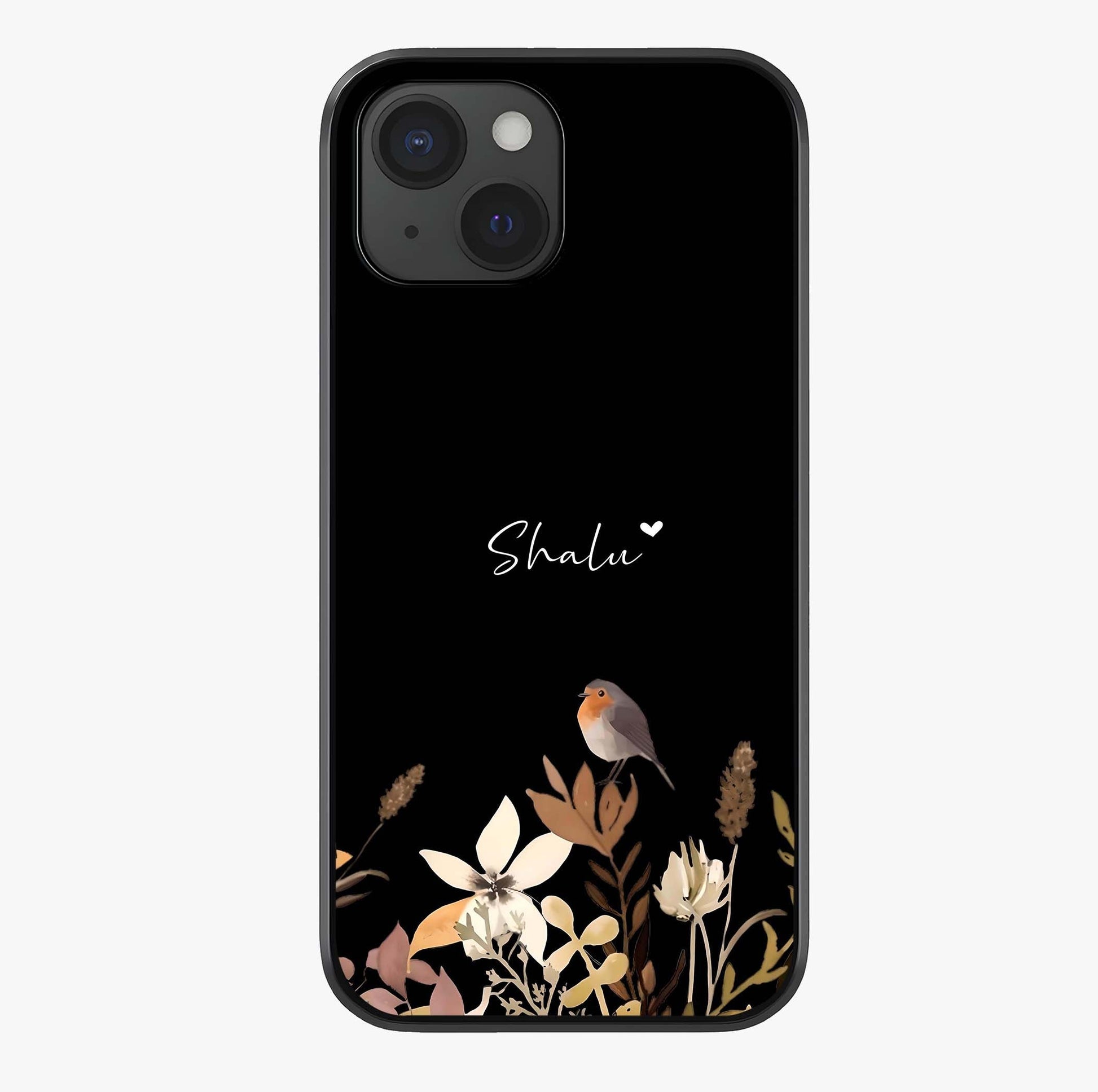 Quiet Garden Tune Custom Name Glass Case showing full back design in clean flat view with glossy glass finish.