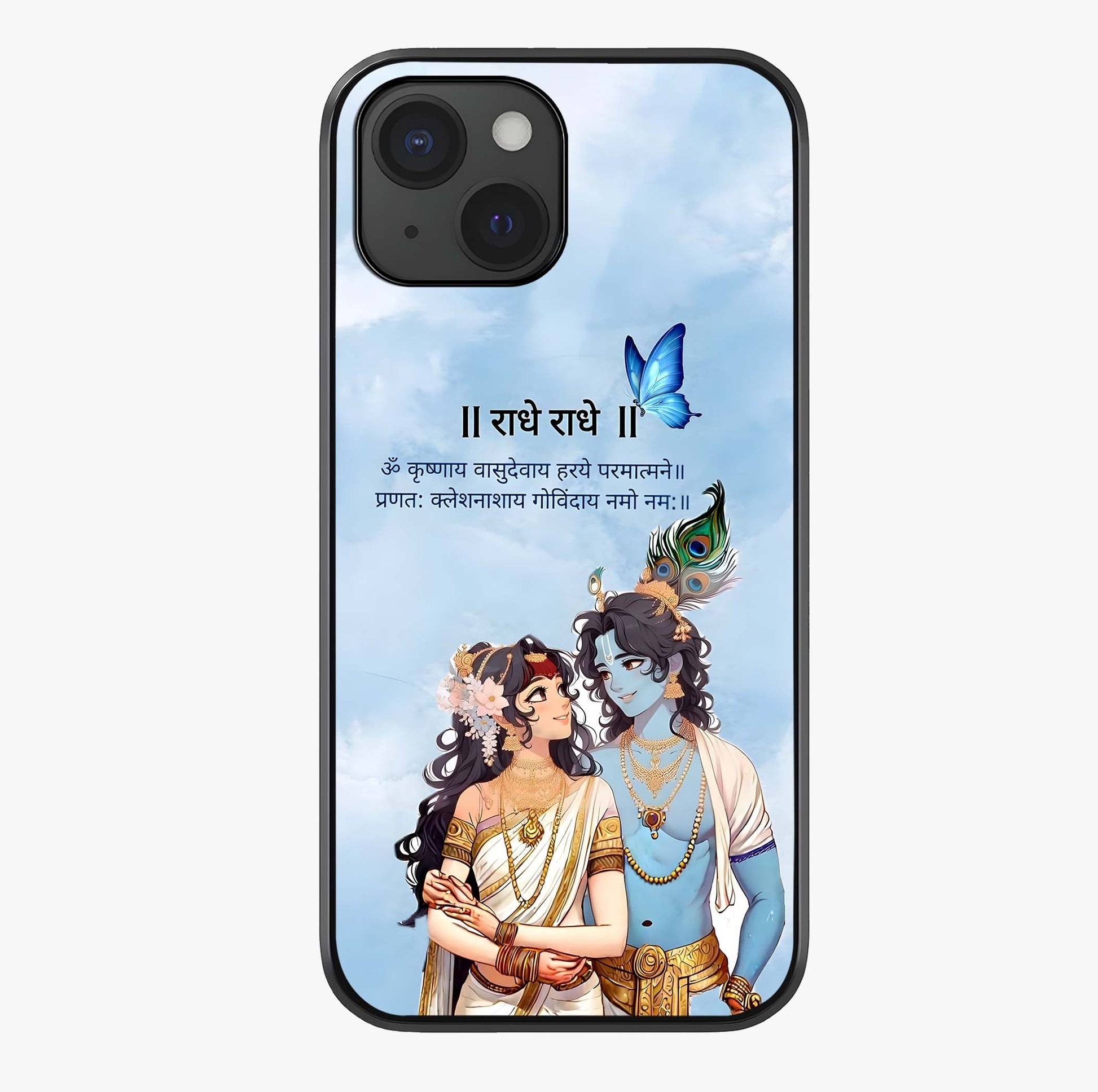 Radha Krishna Eternal Glass Case showing full back design in clean flat view with glossy glass finish.