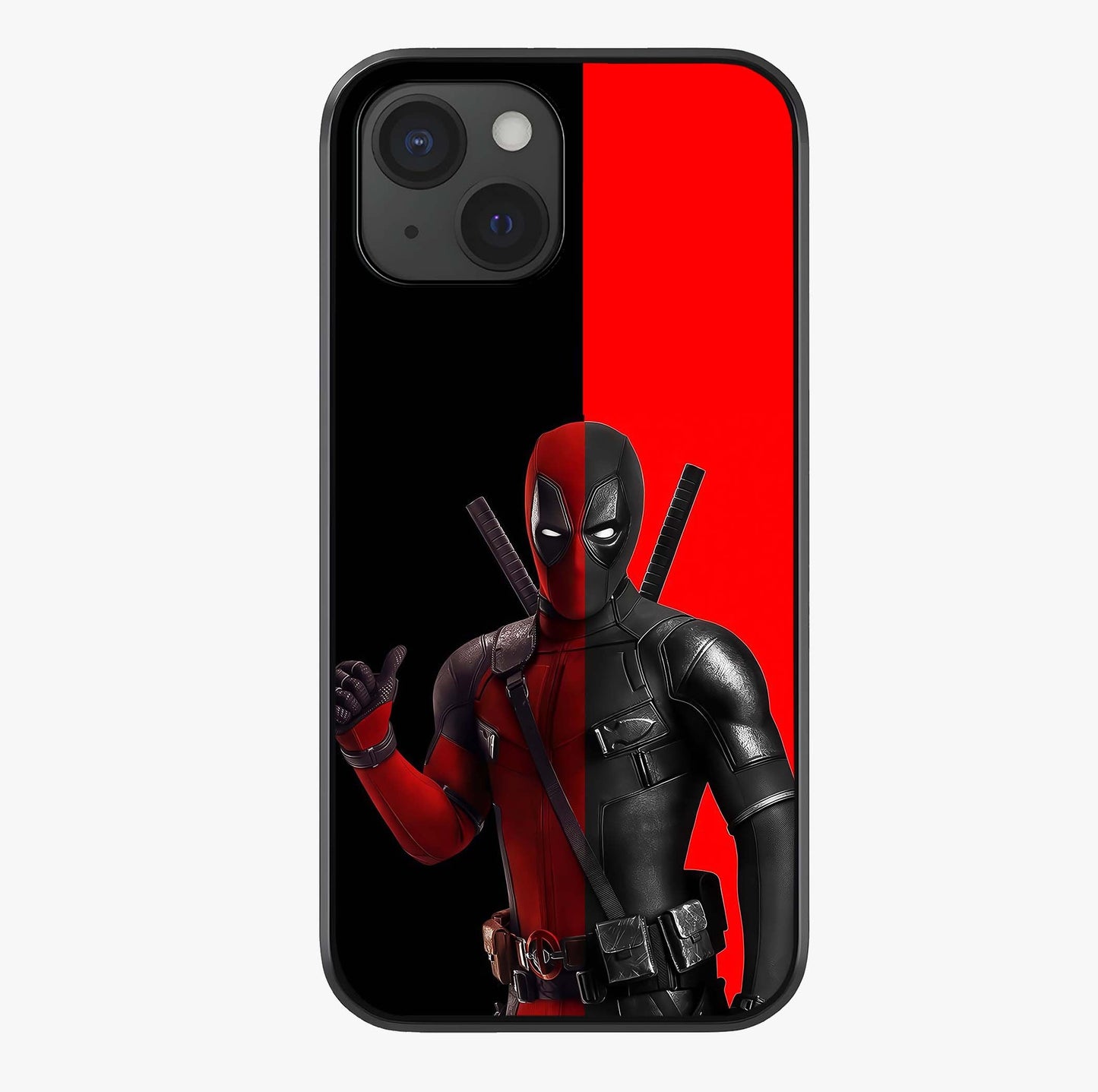 Red & Black Deadpool Theme Glass Case showing full back design in clean flat view with glossy glass finish.