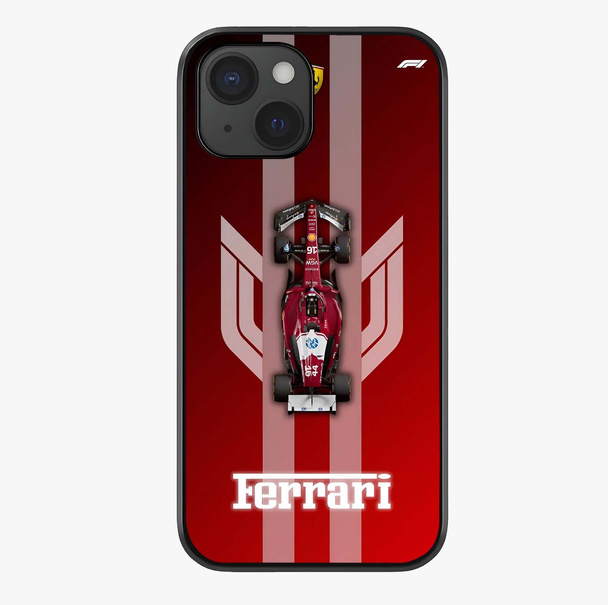 Red Ferrari F1 Vertical Glass Case showing full back design in clean flat view with glossy glass finish.