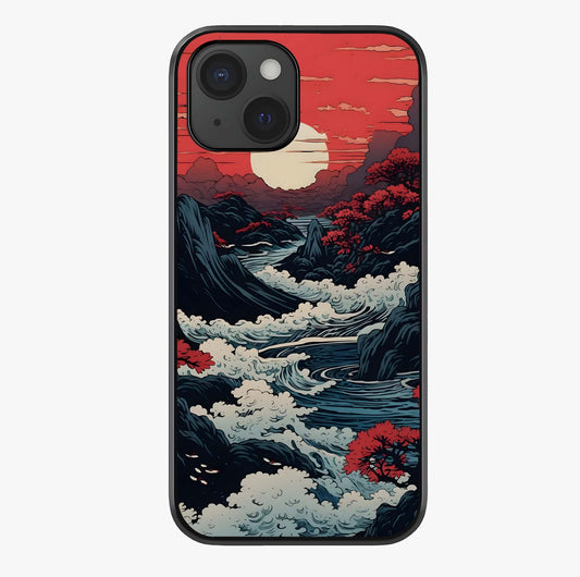 Red Sunset Scenery Glass Case showing full back design in clean flat view with glossy glass finish.