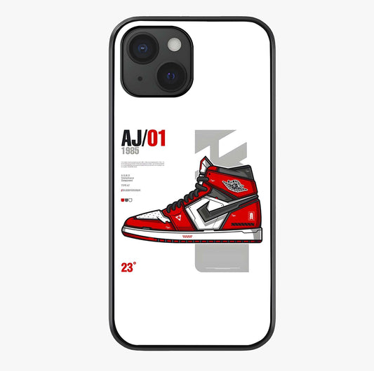 Retro Sneaker Blueprint Glass Case showing full back design in clean flat view with glossy glass finish.