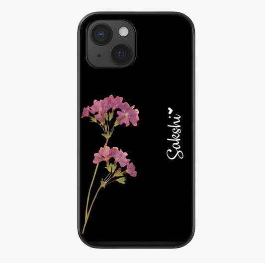 Riching Lavender Flower Custom Name Glass Case showing full back design in clean flat view with glossy glass finish.