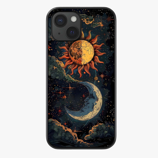 Sun And Moon Magic Design Glass Case showing full back design in clean flat view with glossy glass finish.