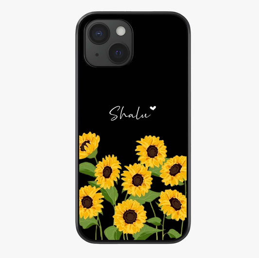 Sunflower Chic Mood Custom Name Glass Case showing full back design in clean flat view with glossy glass finish.