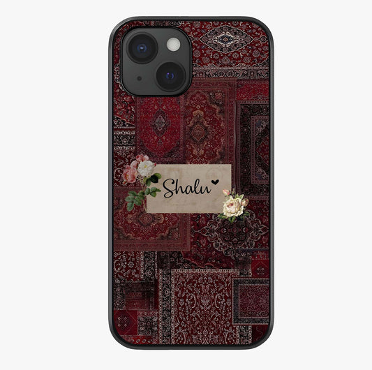 Velvet Wine Pattern Custom Name Glass Case showing full back design in clean flat view with glossy glass finish.
