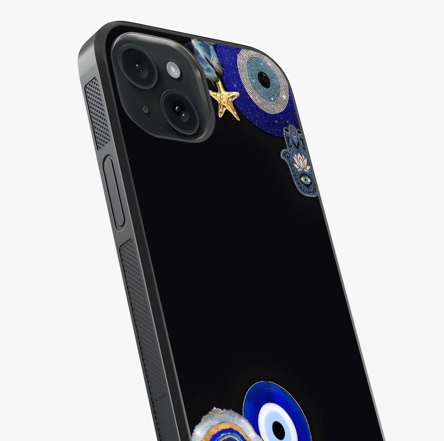 Aesthetic Blue Evil Eye Glass Case captured at a warm angle highlighting gloss, texture and premium glass finish.