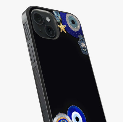 Aesthetic Blue Evil Eye Glass Case captured at a warm angle highlighting gloss, texture and premium glass finish.
