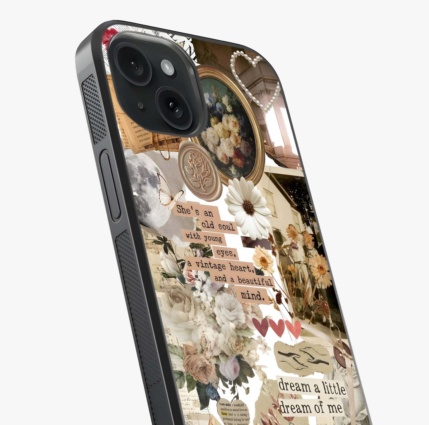 Aesthetic Brown Vintage Collage Glass Case captured at a warm angle highlighting gloss, texture and premium glass finish.