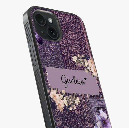 Antique Floral Whisper Custom Name Glass Case captured at a warm angle highlighting gloss, texture and premium glass finish.