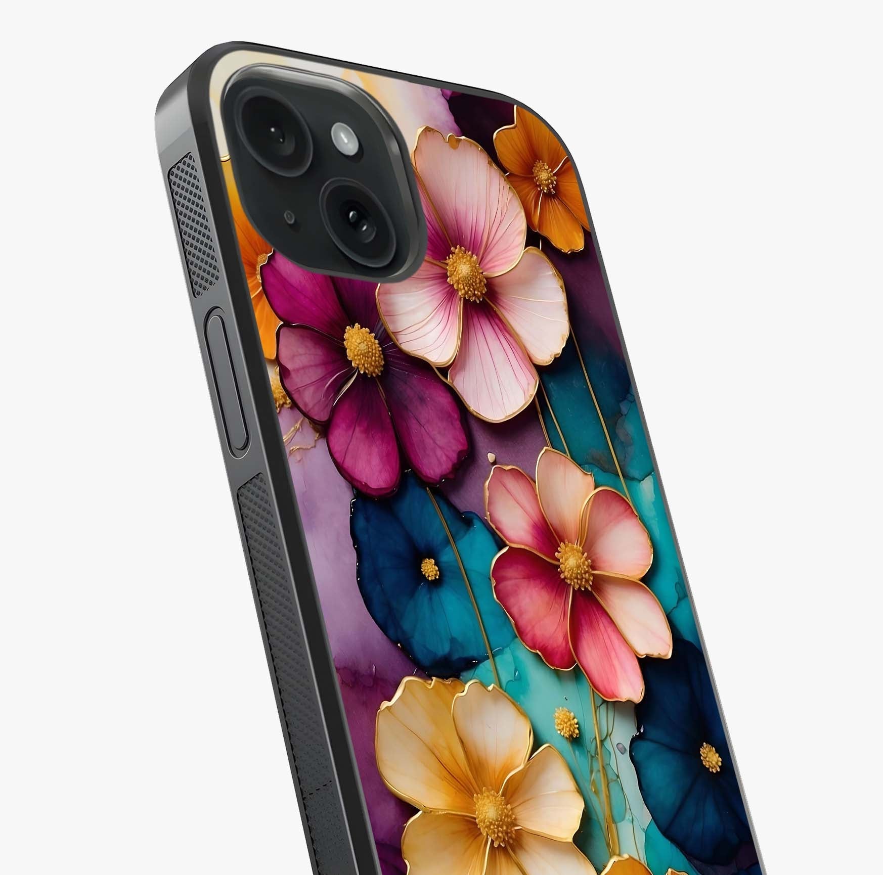 Artlyn Grace Flower Pattern Glass Case captured at a warm angle highlighting gloss, texture and premium glass finish.