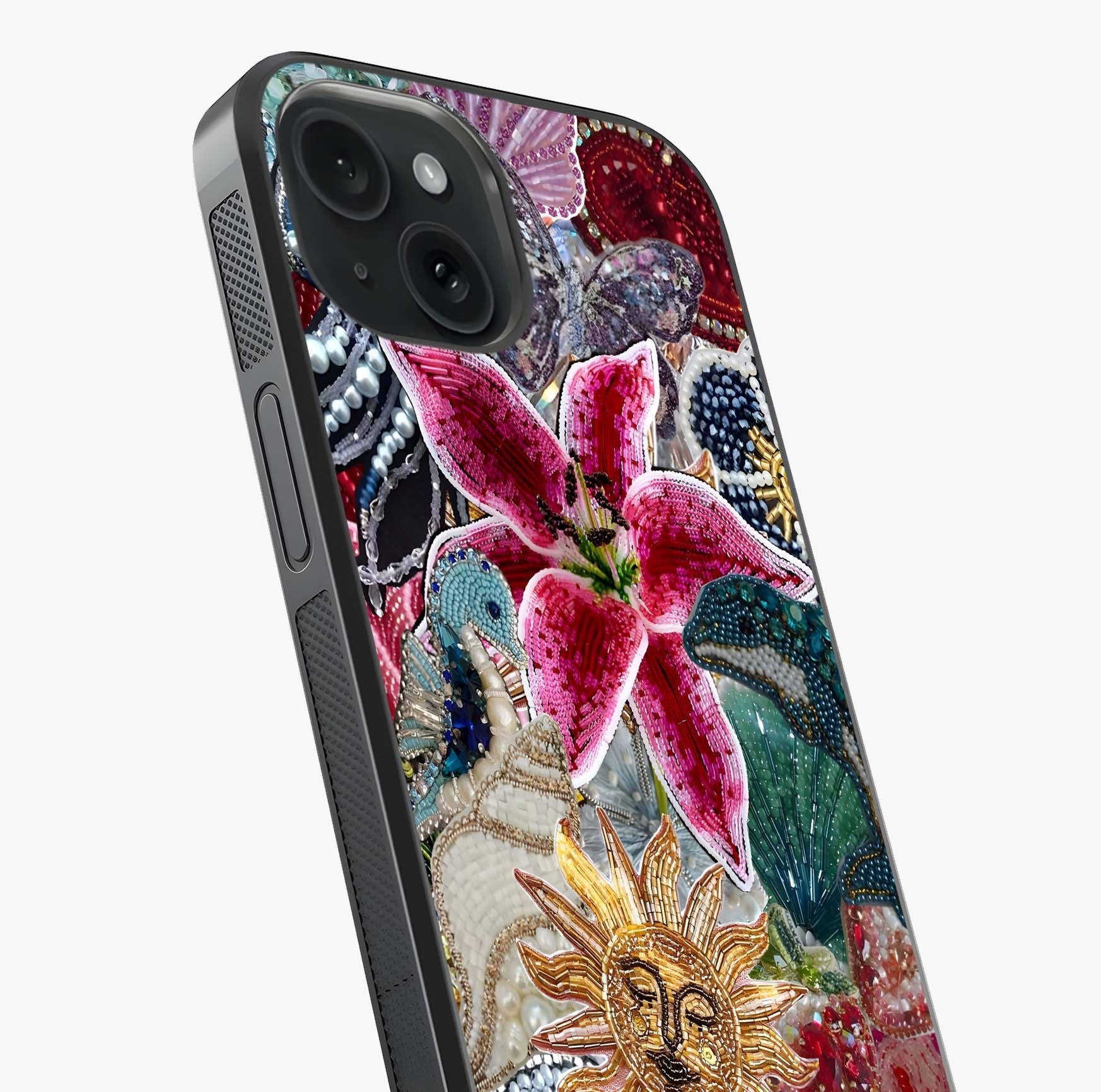 Beaded Garden Fantasy Glass Case captured at a warm angle highlighting gloss, texture and premium glass finish.