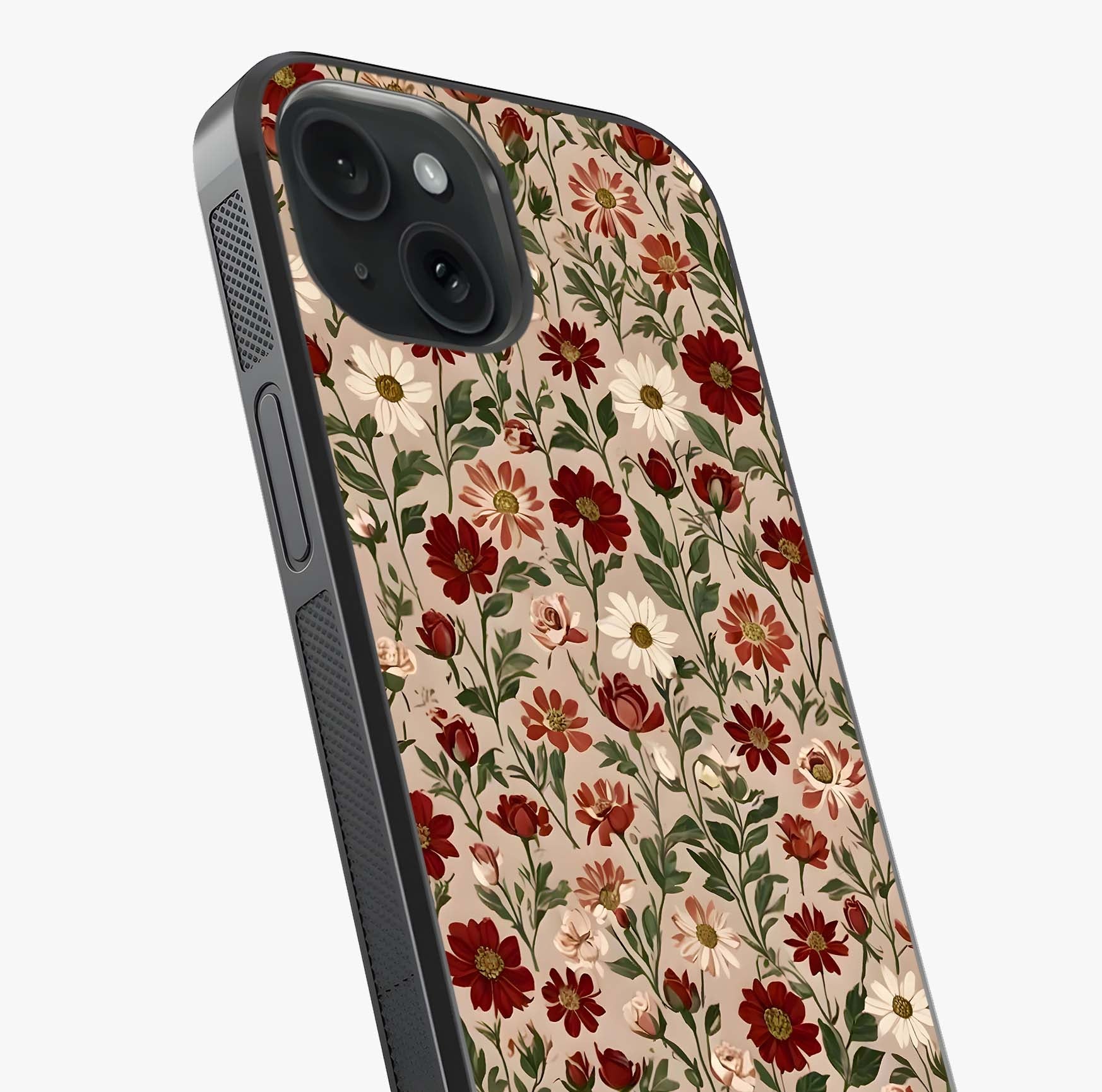 Biege Flower With Leaf Glass Case captured at a warm angle highlighting gloss, texture and premium glass finish.
