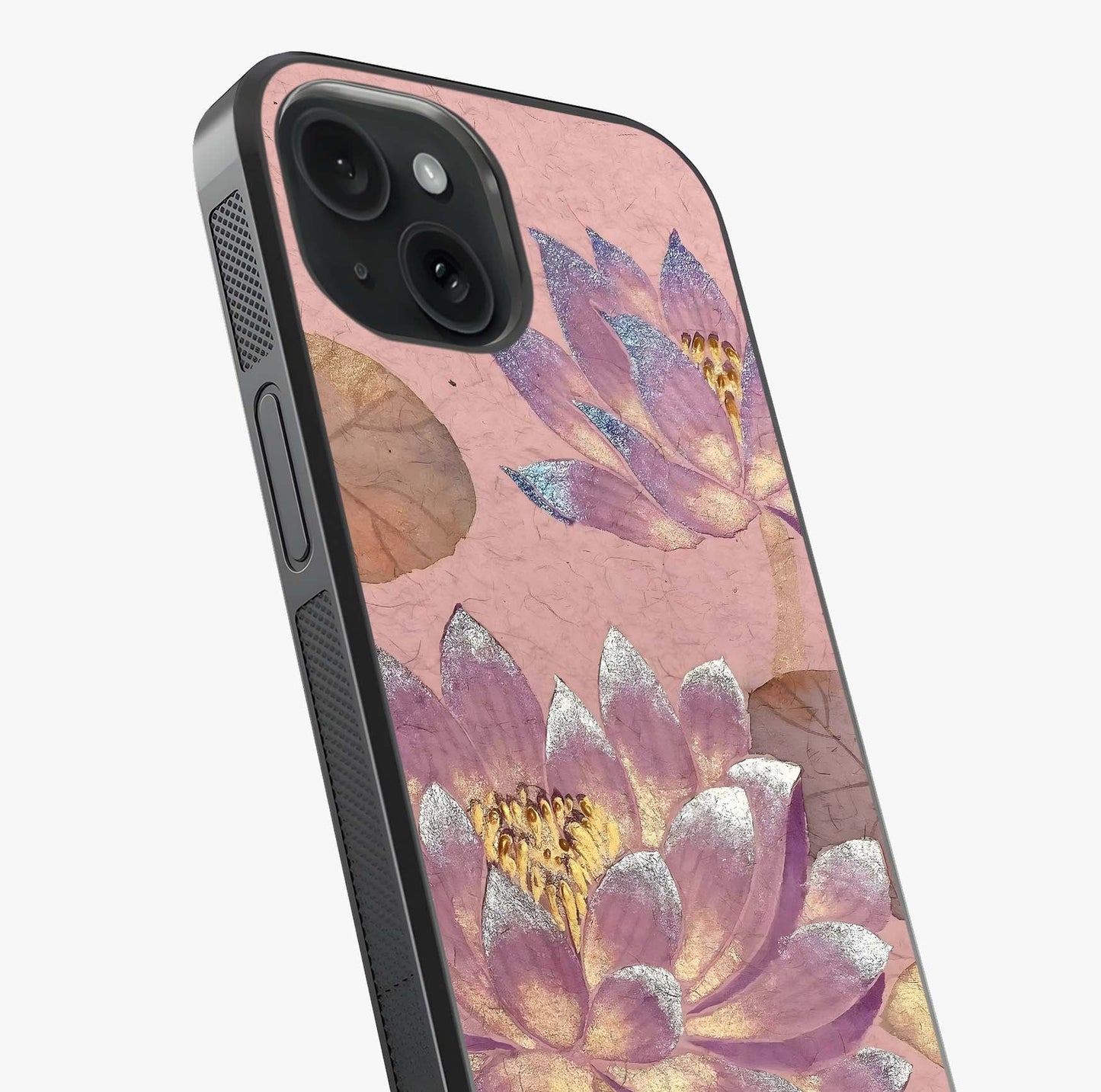 Blossom Mist Lotus Glass Case captured at a warm angle highlighting gloss, texture and premium glass finish.