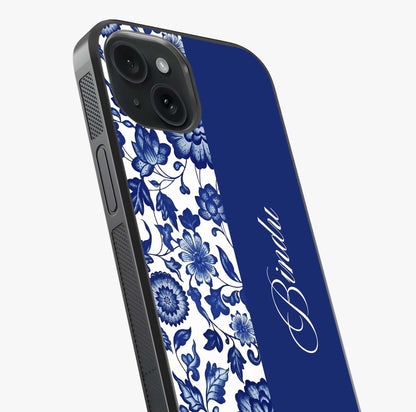Blue Vintage Floral Pattern Glass Case captured at a warm angle highlighting gloss, texture and premium glass finish.