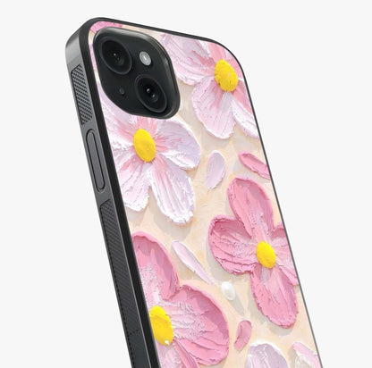 Blush Bloom Texture Glass Case captured at a warm angle highlighting gloss, texture and premium glass finish.