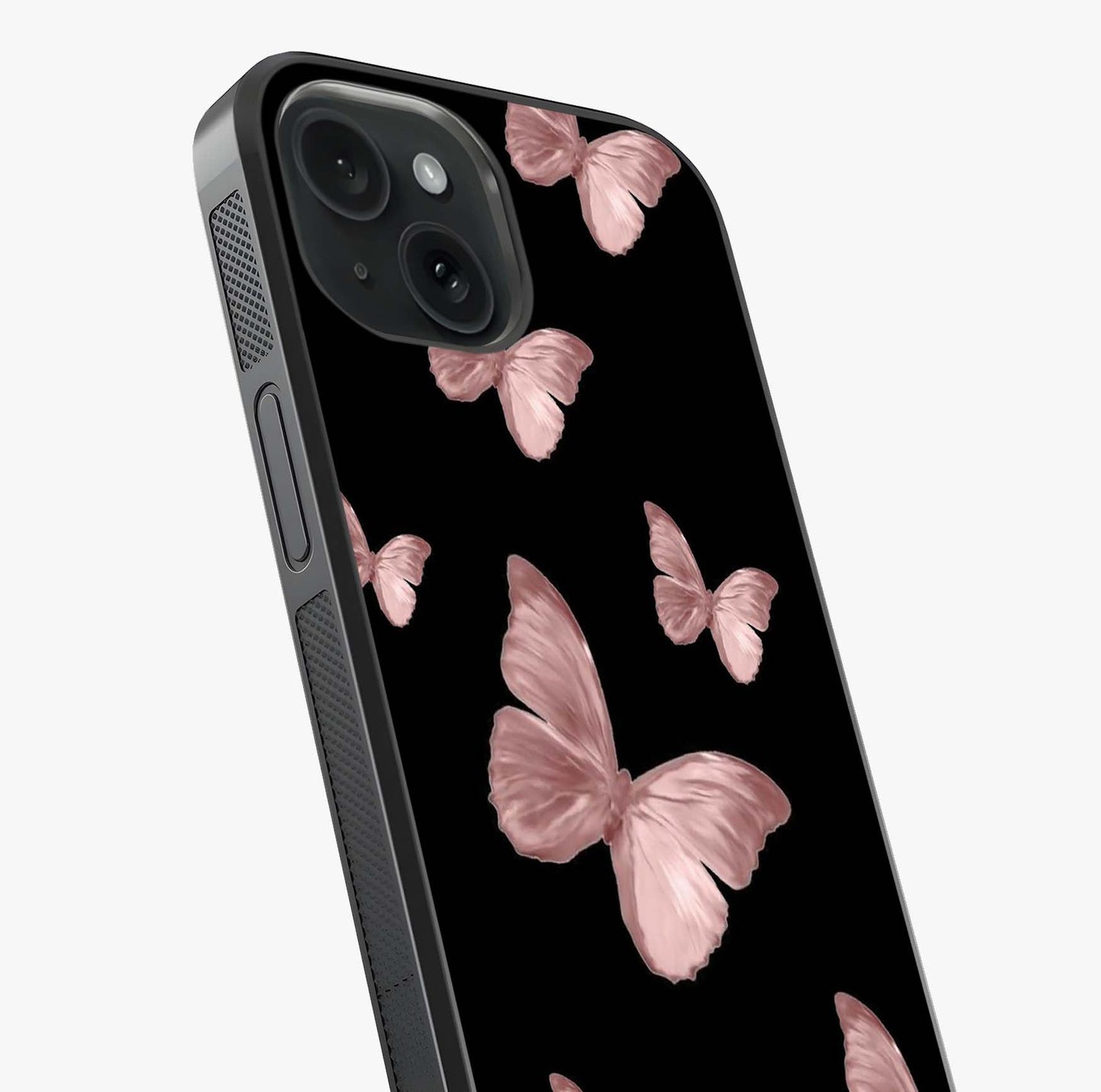 Butterfly Pattern Glass Case captured at a warm angle highlighting gloss, texture and premium glass finish.