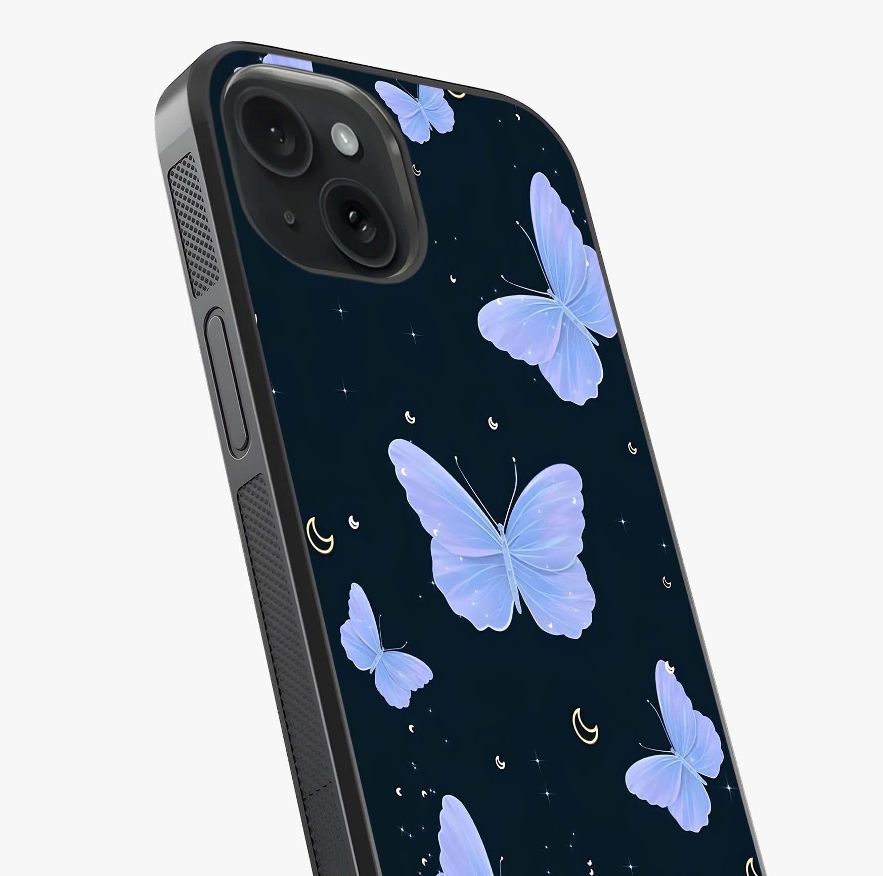 Butterfly With Stars Pattern Glass Case captured at a warm angle highlighting gloss, texture and premium glass finish.
