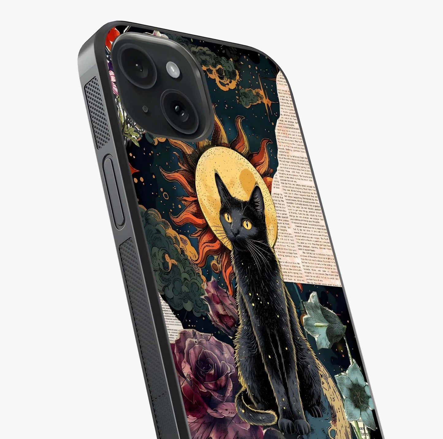 Celestial Black Cat Glass Case captured at a warm angle highlighting gloss, texture and premium glass finish.