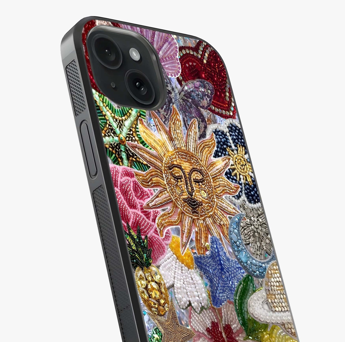 Celestial Floral And Playful Glass Case captured at a warm angle highlighting gloss, texture and premium glass finish.