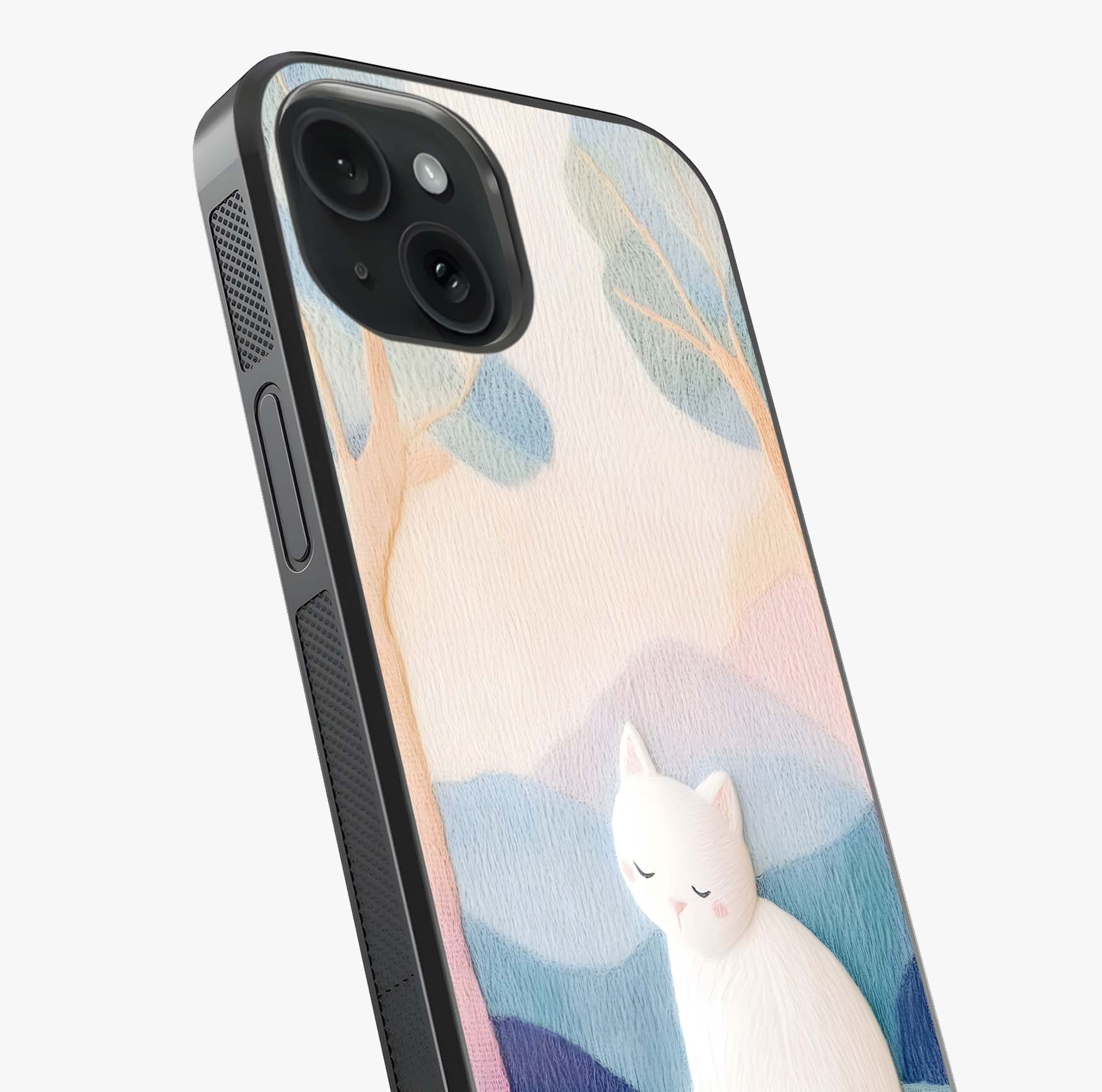 Cotton Dream Cat Glass Case captured at a warm angle highlighting gloss, texture and premium glass finish.