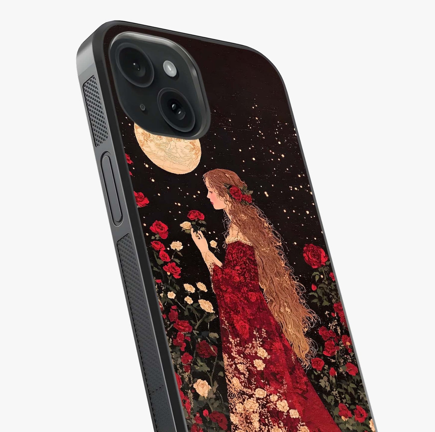 Crimson Dreams Glass Case captured at a warm angle highlighting gloss, texture and premium glass finish.