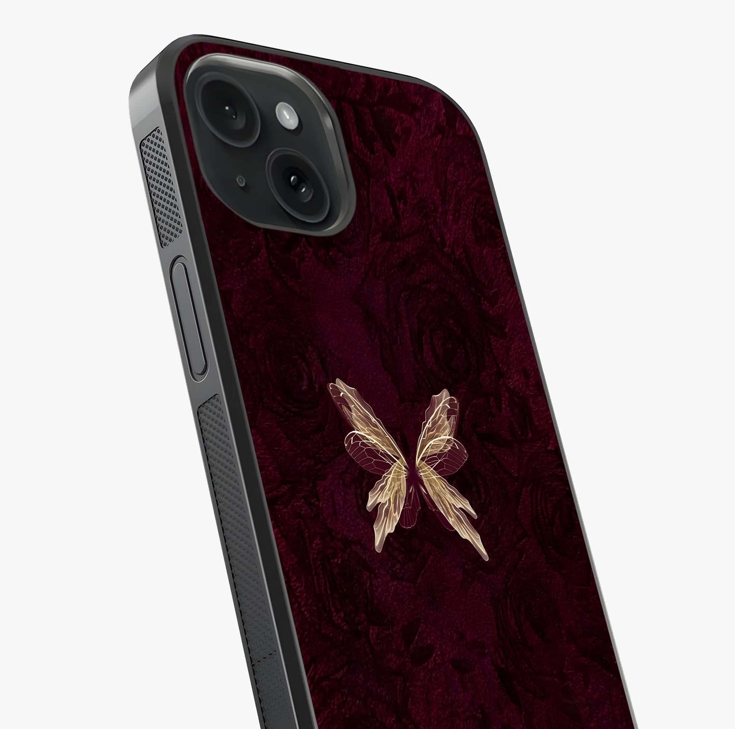 Crimson Fade Butterfly Glass Case captured at a warm angle highlighting gloss, texture and premium glass finish.