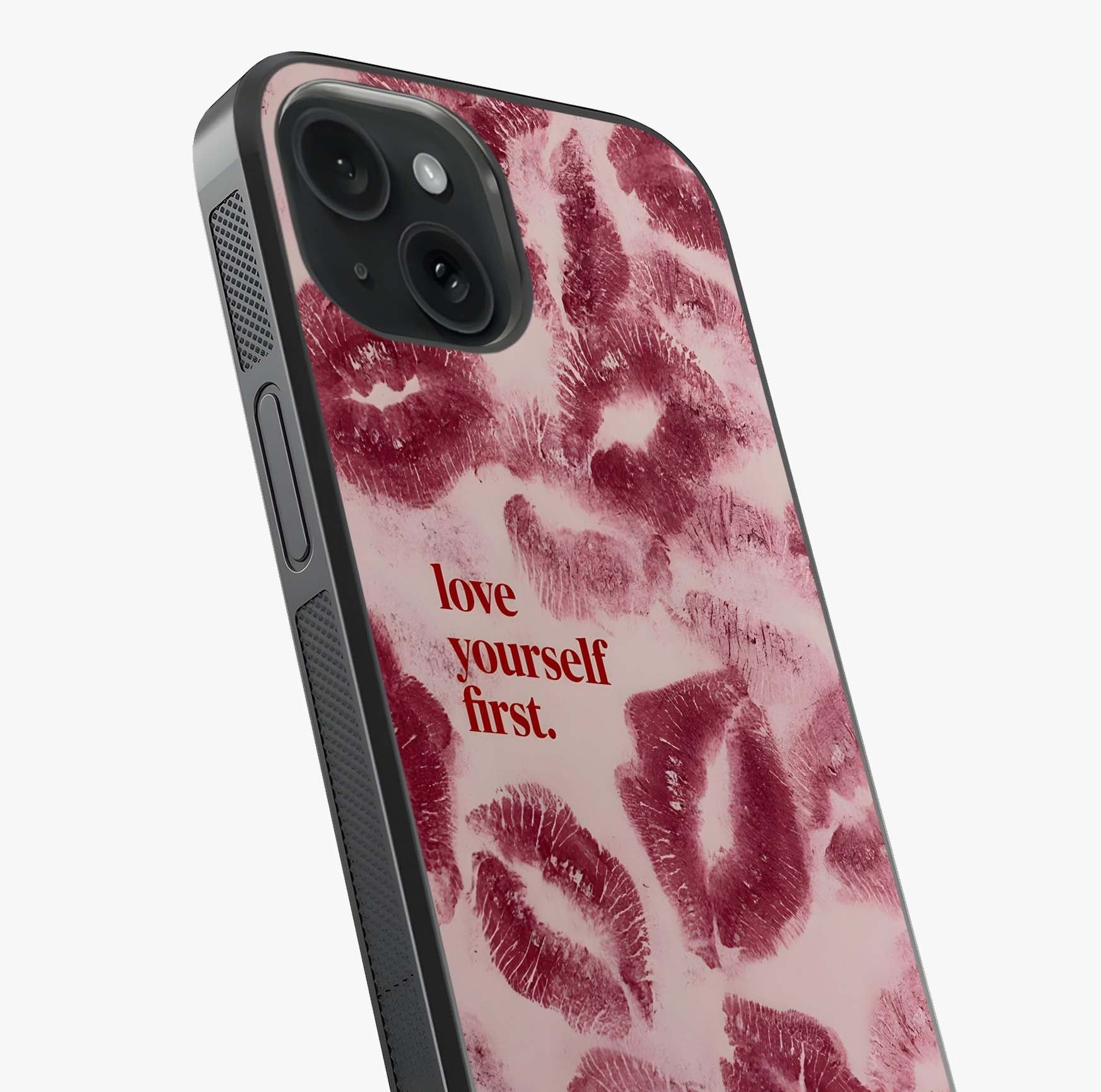 Crimson Kiss Love Glass Case captured at a warm angle highlighting gloss, texture and premium glass finish.