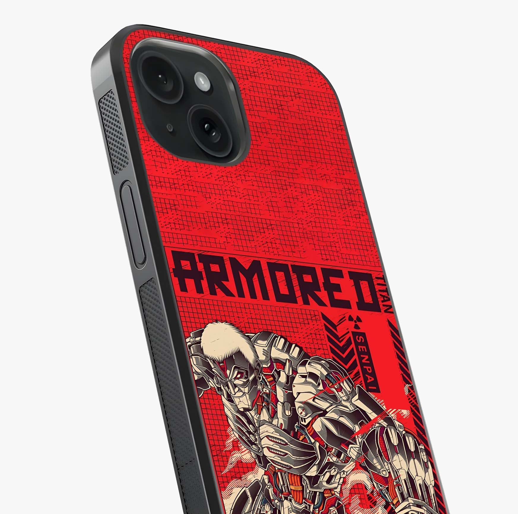 Crimson Mecha Titan Glass Case captured at a warm angle highlighting gloss, texture and premium glass finish.