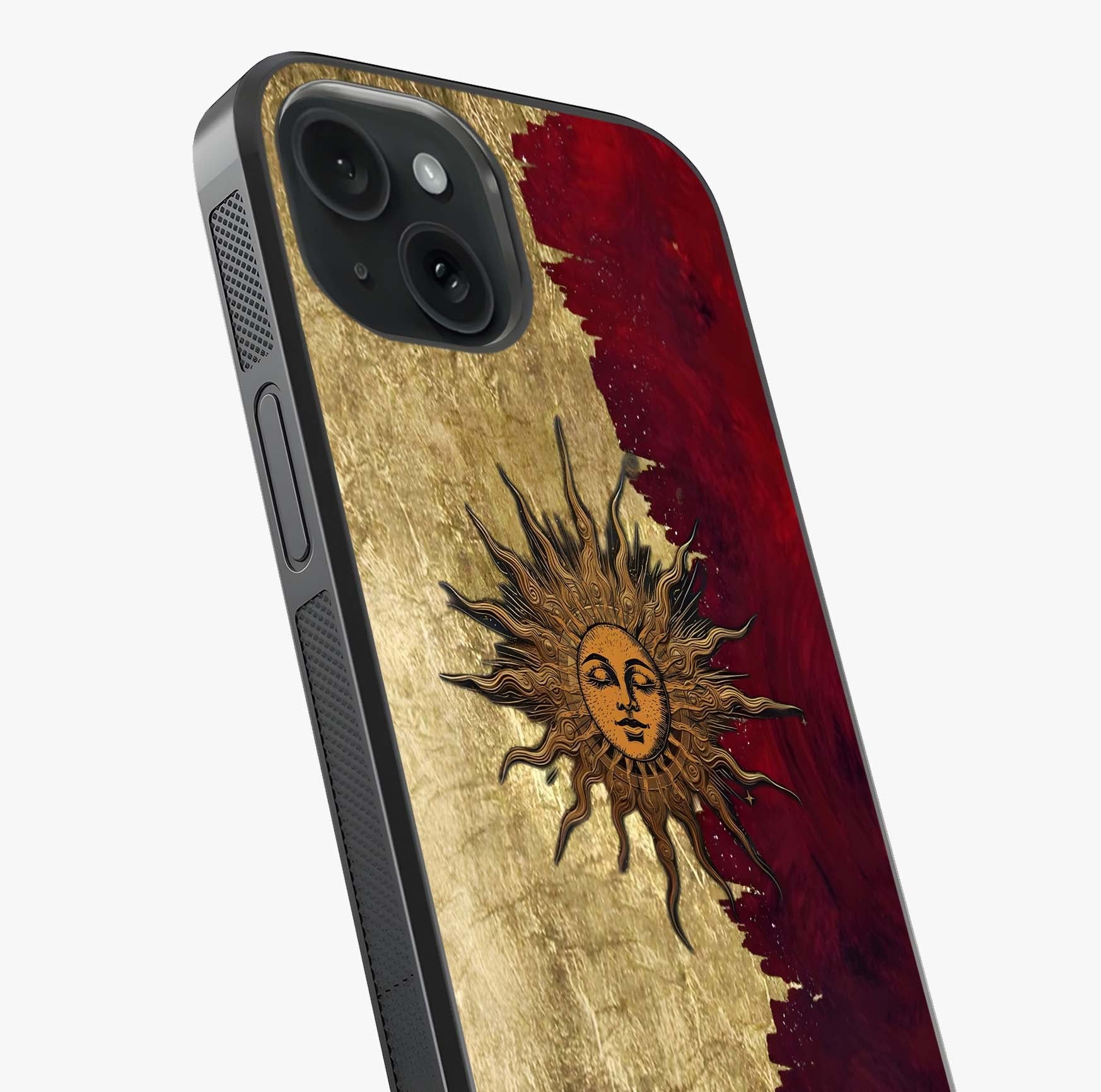 Crimson Sun Majesty Glass Case captured at a warm angle highlighting gloss, texture and premium glass finish.