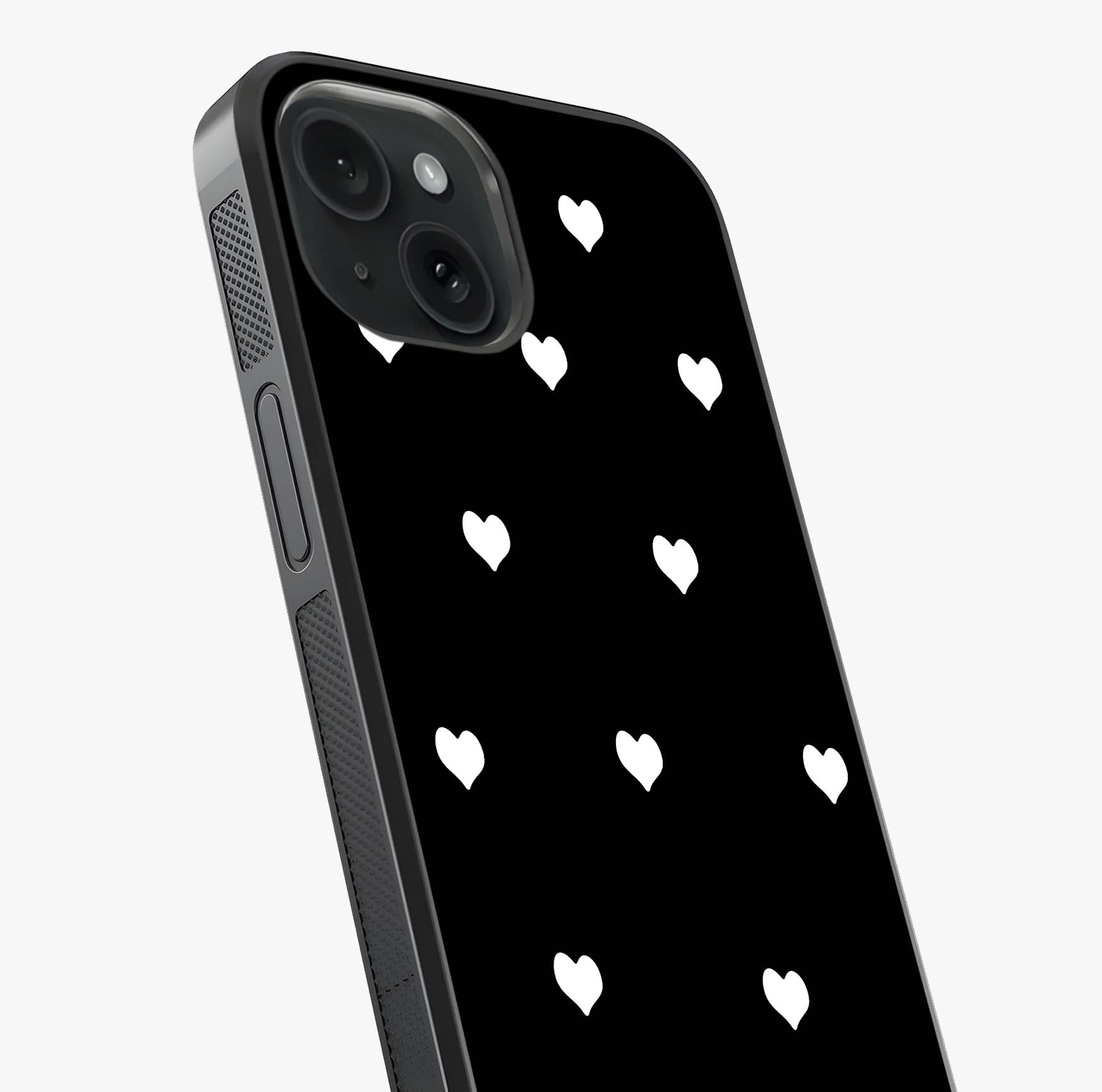 Cute And Simple White Hearts Glass Case captured at a warm angle highlighting gloss, texture and premium glass finish.
