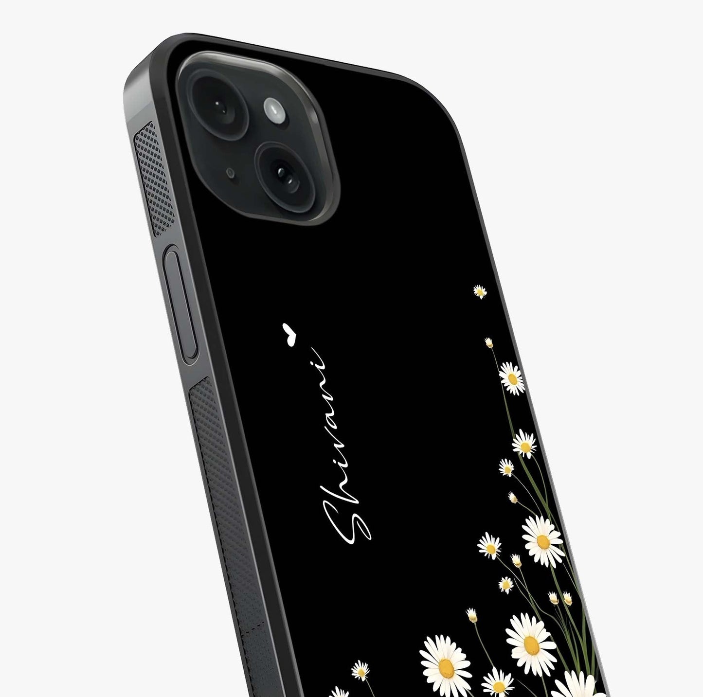 Daisy Cascade Custom Name Glass Case captured at a warm angle highlighting gloss, texture and premium glass finish.
