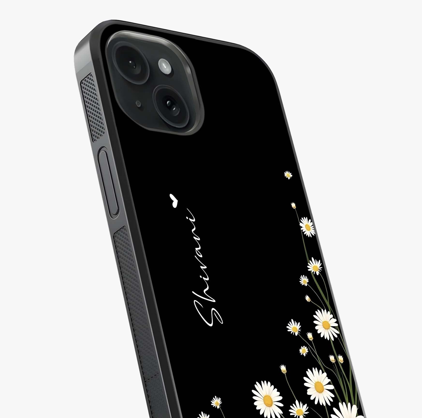 Daisy Cascade Custom Name Glass Case captured at a warm angle highlighting gloss, texture and premium glass finish.