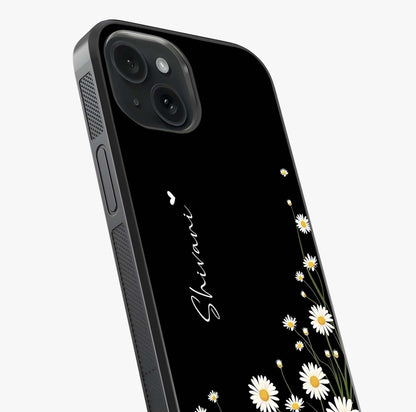 Daisy Cascade Custom Name Glass Case captured at a warm angle highlighting gloss, texture and premium glass finish.